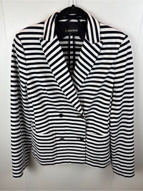 J. Peterman Navy White Striped Double-Breasted Blazer Stretch Jersey sz L Jacket